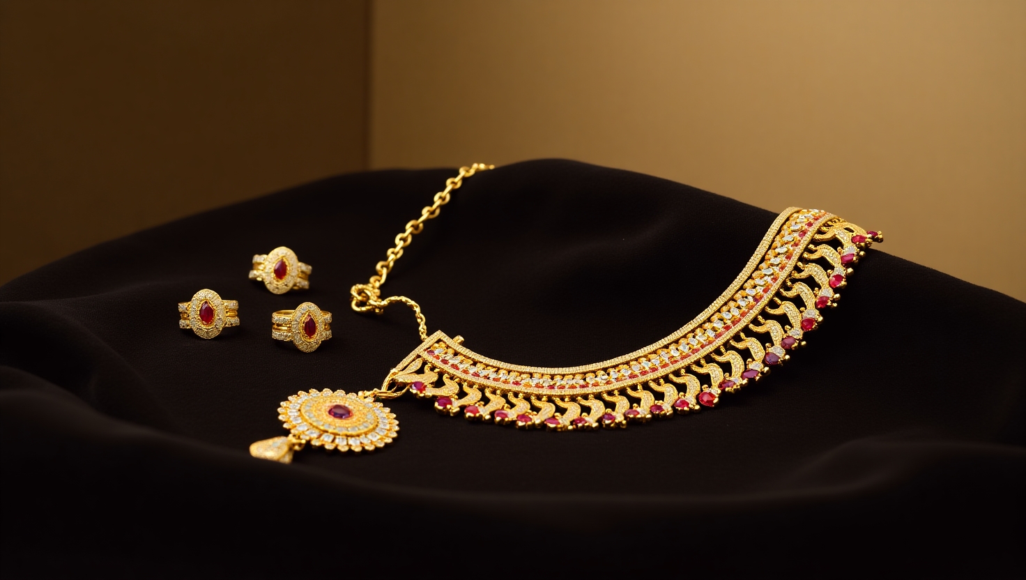 放在黑絨布上的黃金珠寶