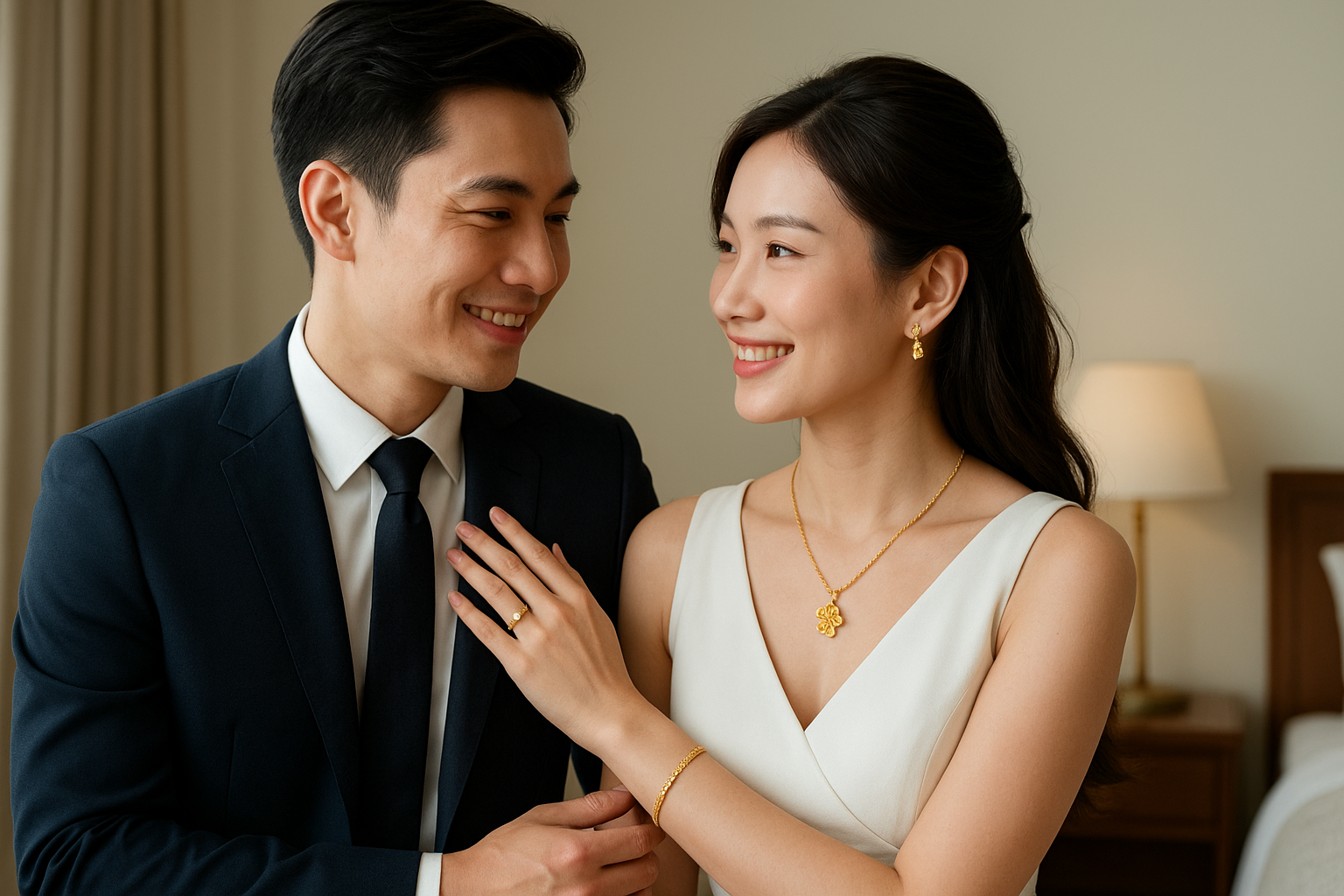 新婚夫妻身上佩戴金飾