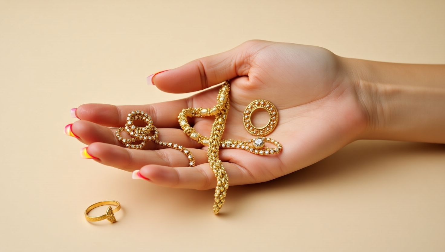 一隻手拿著黃金飾品