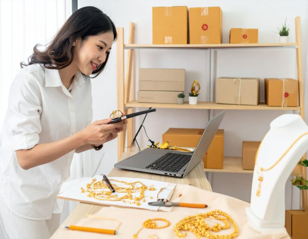 金飾經銷商在展示櫃前與顧客討論交易，桌上擺著金戒指、金項鍊與金條