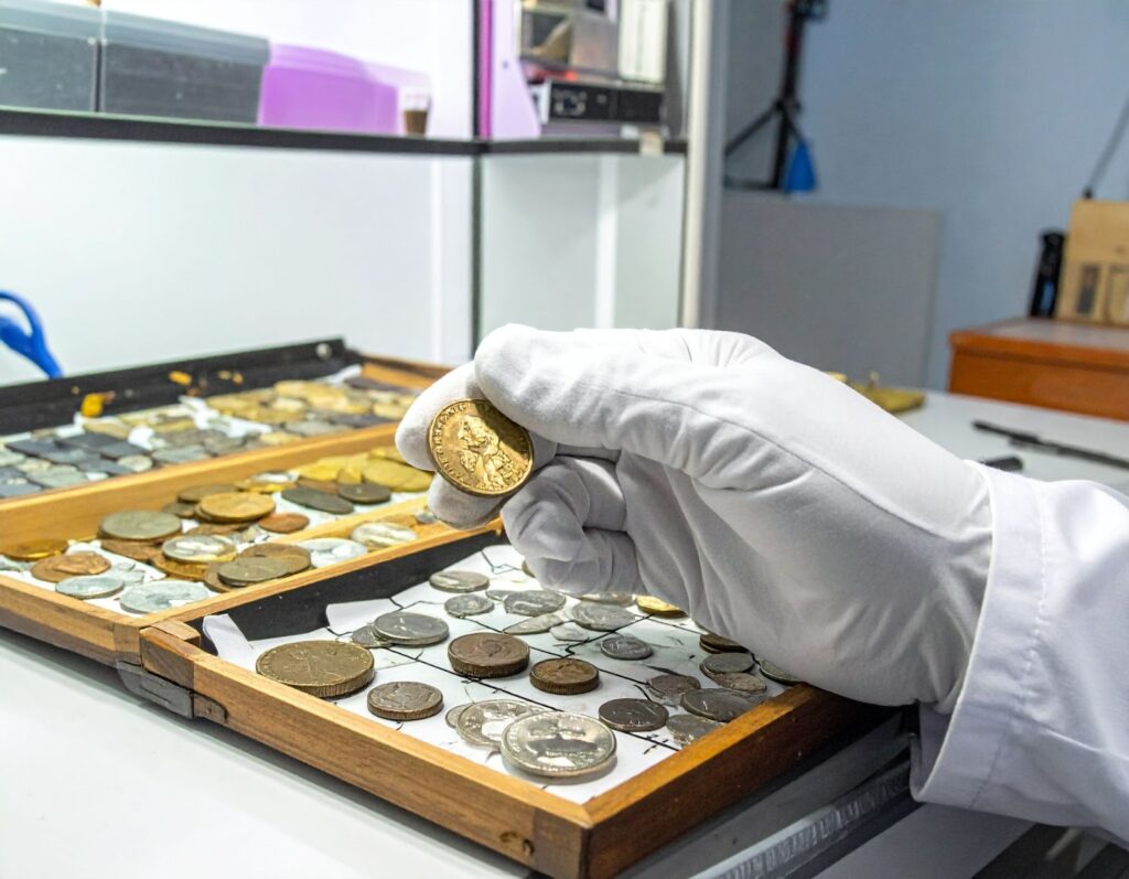 專業人員佩戴白手套，仔細檢查金幣上的年份與鑄印，背景為鑑定室或珠寶檢測櫃台，表現嚴謹檢測過程