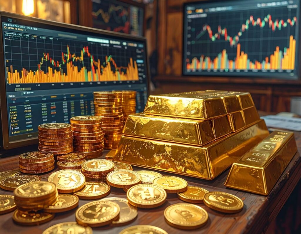 金幣、黃金條與回收報價單放在一起，旁邊螢幕顯示即時金價漲跌表