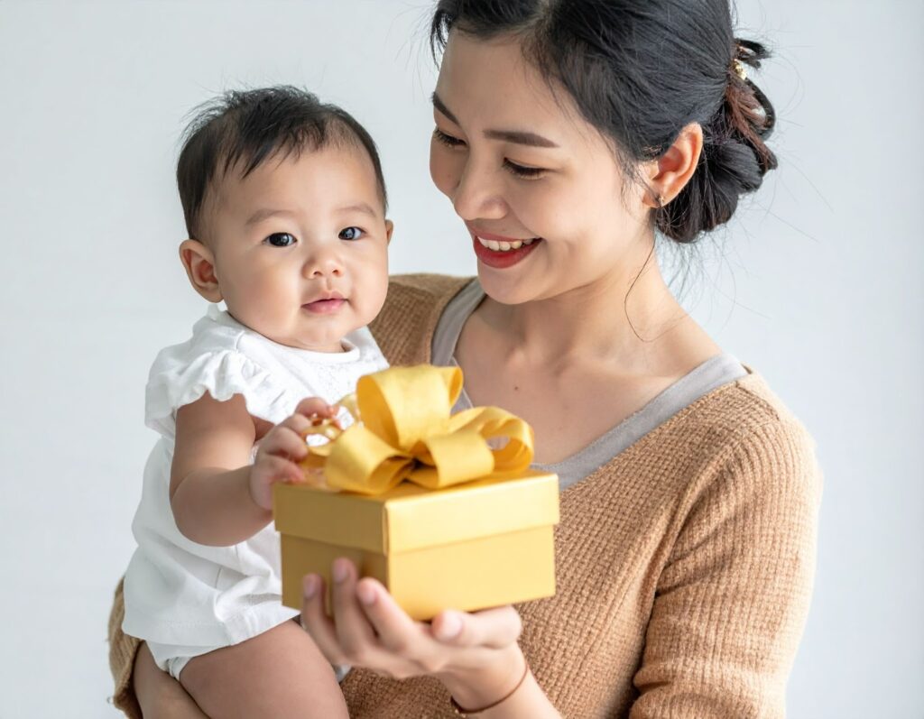 媽媽懷抱寶寶微笑收下親友贈送的金飾禮盒，畫面溫馨明亮