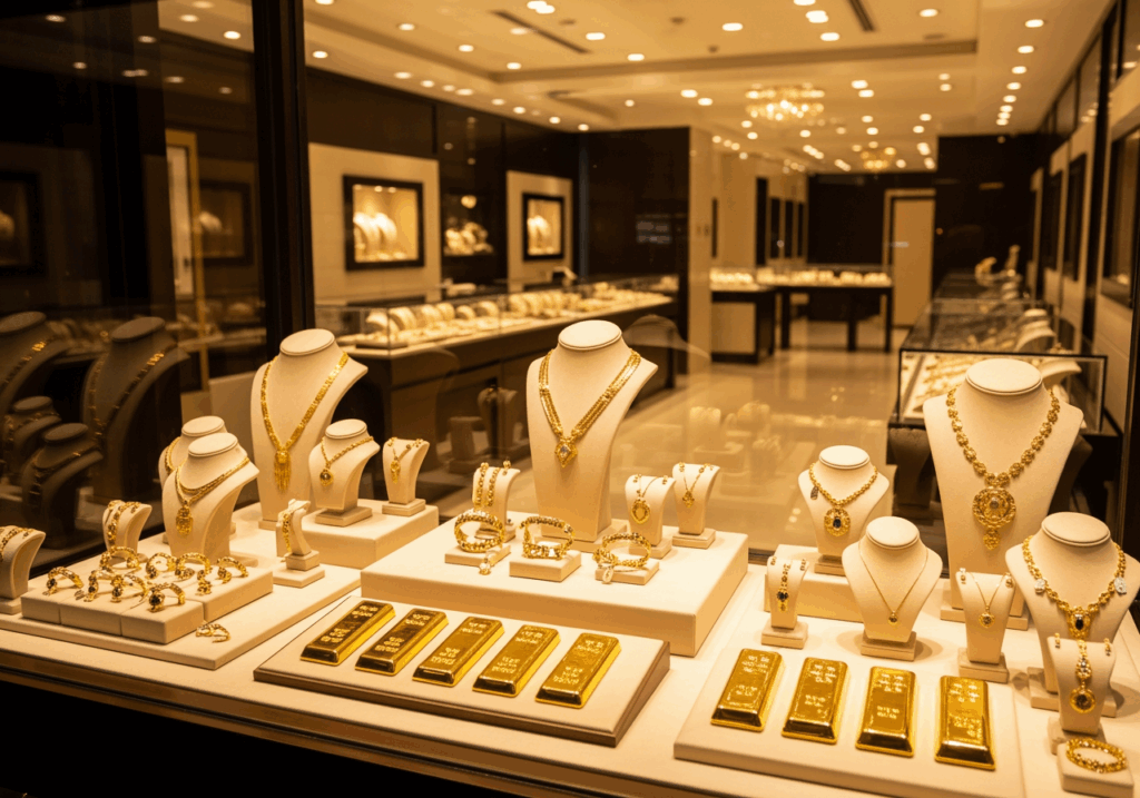 專業金飾店整潔明亮，櫥窗展示黃金項鍊、手鍊與金條