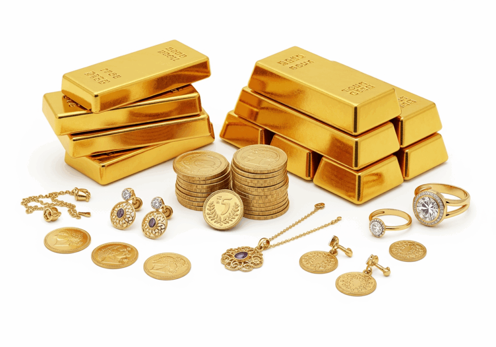 金條、金幣與飾品排列於白色背景上