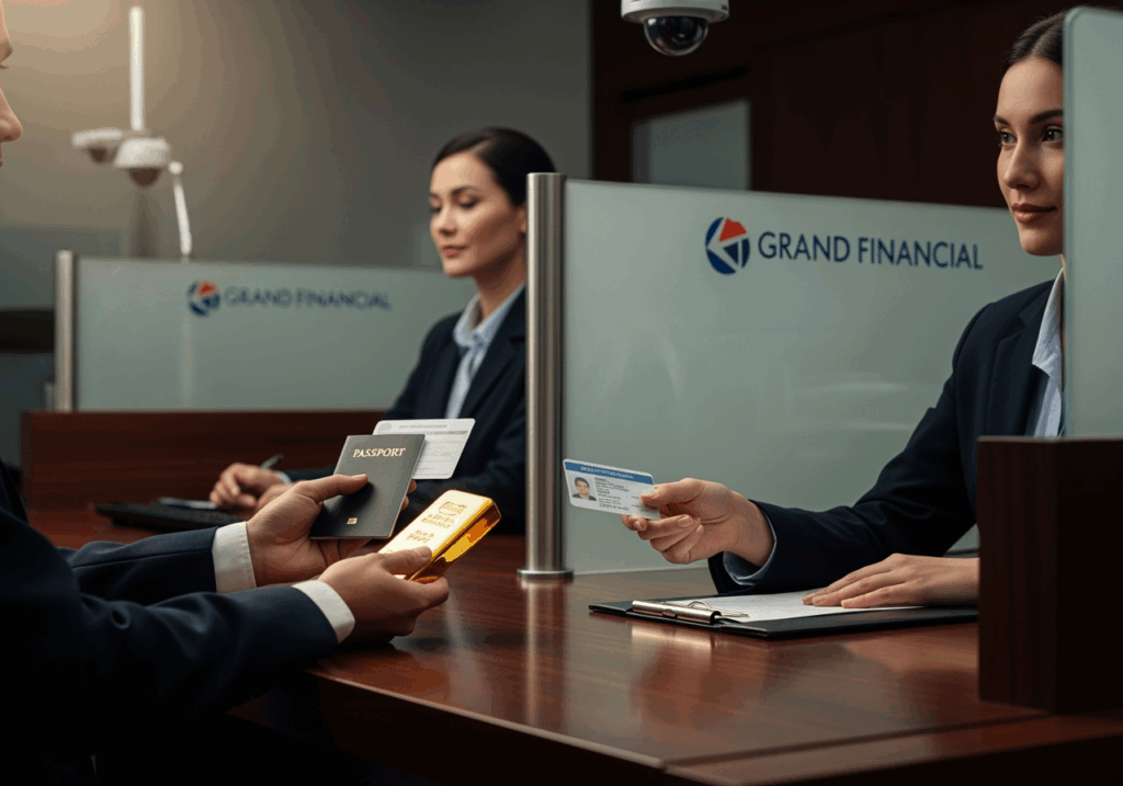 理財族手持金條與證件，在銀行辦理購買手續，畫面展現正式、安全的購金氛圍