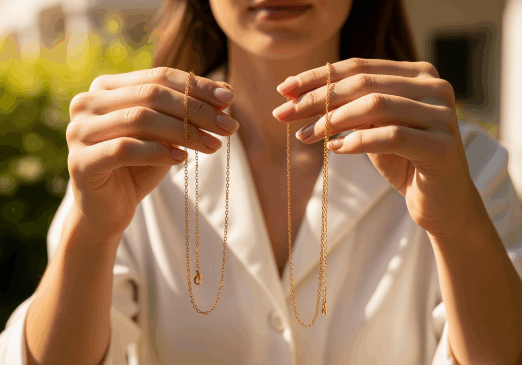 女性拿著兩條金項鍊在陽光下對照顏色