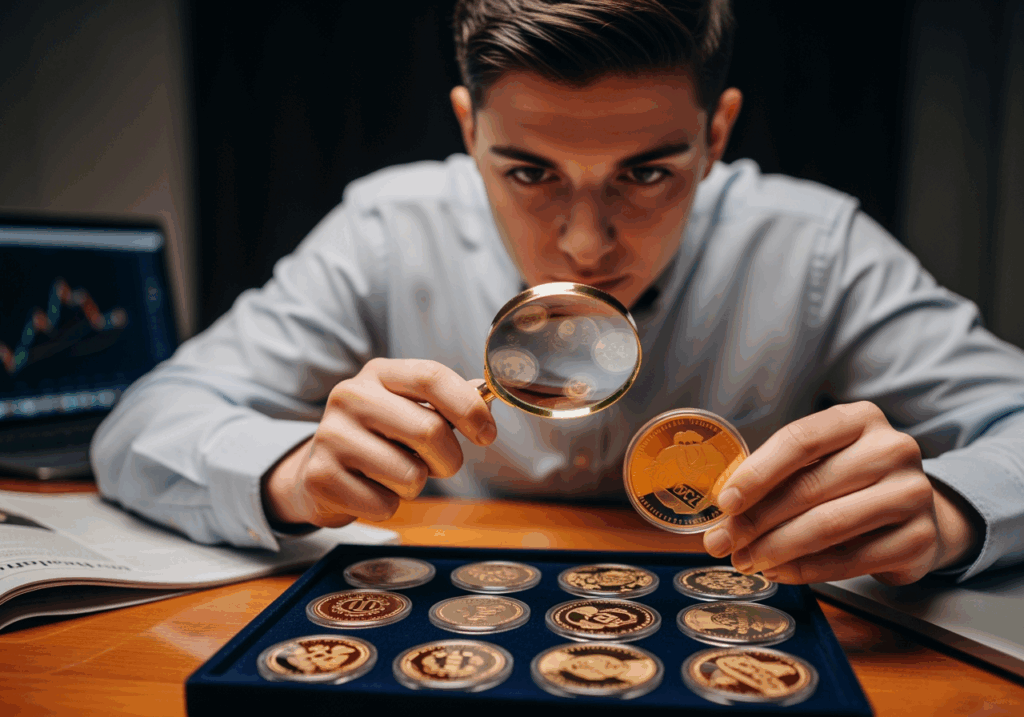 年輕投資者拿著放大鏡檢視限量版金幣細節