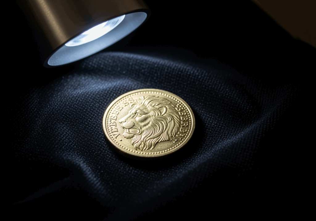 銀白色燈光下，一枚金幣靜放在黑色絨布上