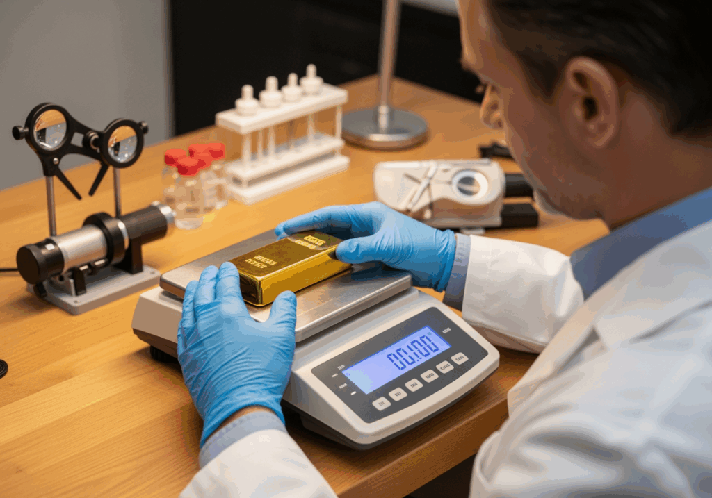 金飾鑑定師以專業秤測量金條重量
