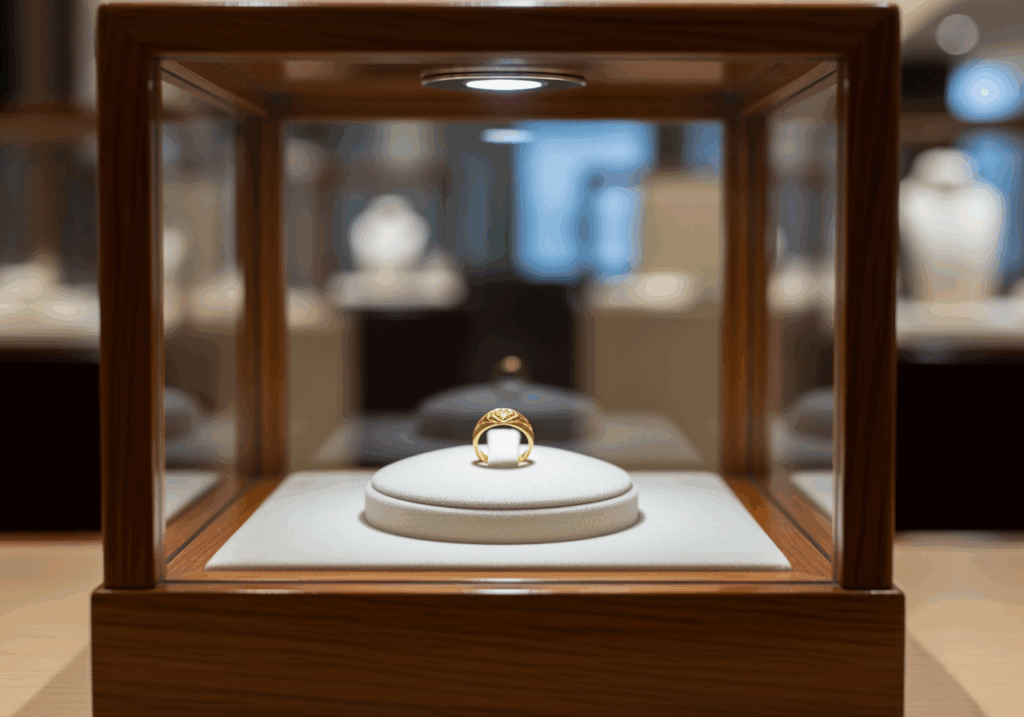 黃金戒指放在展示櫃上