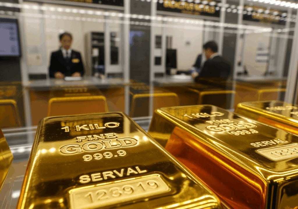 金條展示櫃近拍，金條上清楚刻有重量，背景為銀行金飾交易窗口