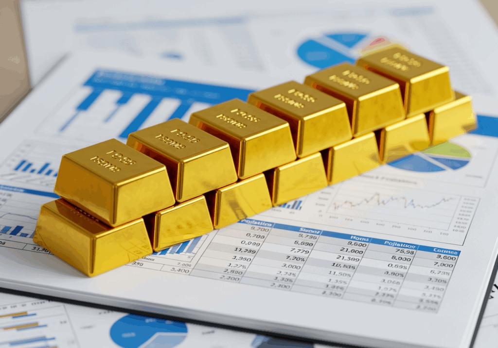 金條平放在文件上，文件上印有市場預測數據