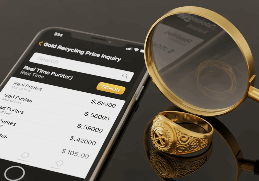 手機螢幕顯示黃金回收價查詢頁面，旁邊放著金戒指與放大鏡
