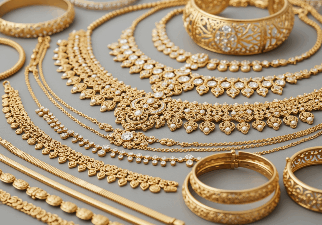 拍攝金飾近景，各式婚嫁項鍊、手鐲平整陳列