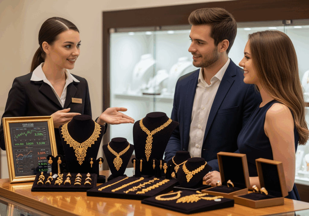 金飾店員向準新人介紹結婚金飾，桌面同時擺有金價表與多款套組