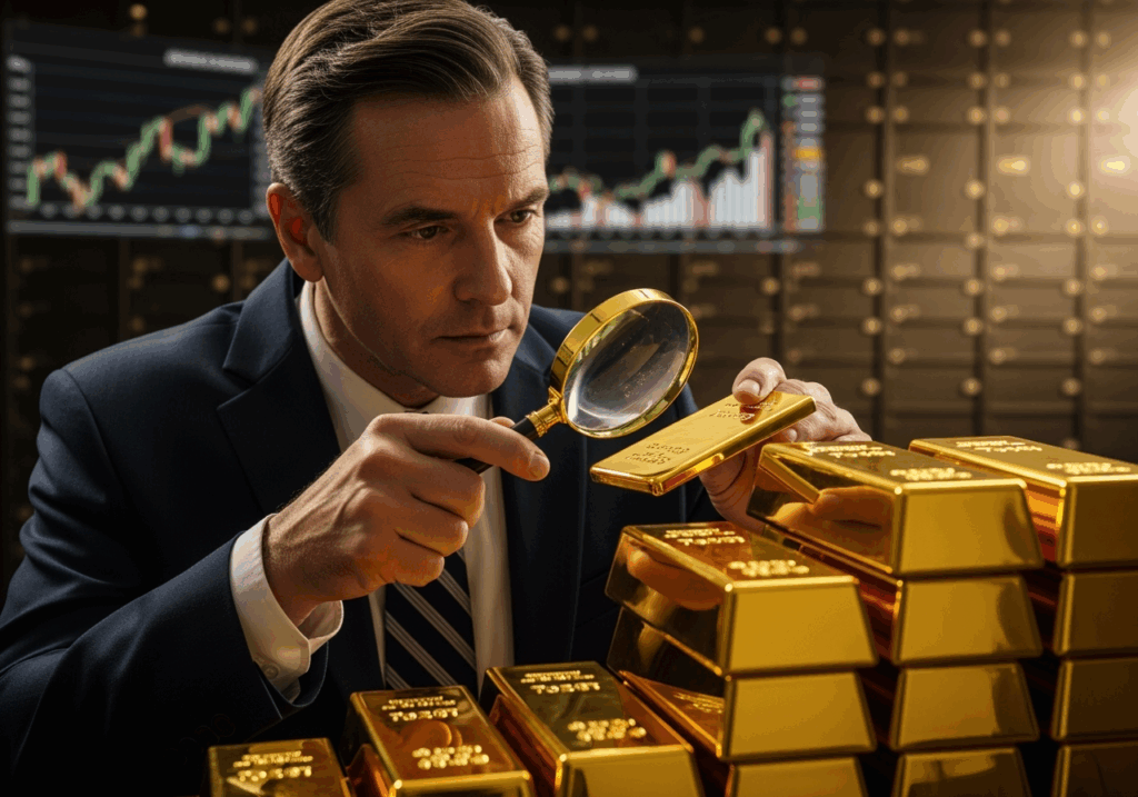 專家指著金條與放大鏡示意品質檢查，提醒投資者注意真假