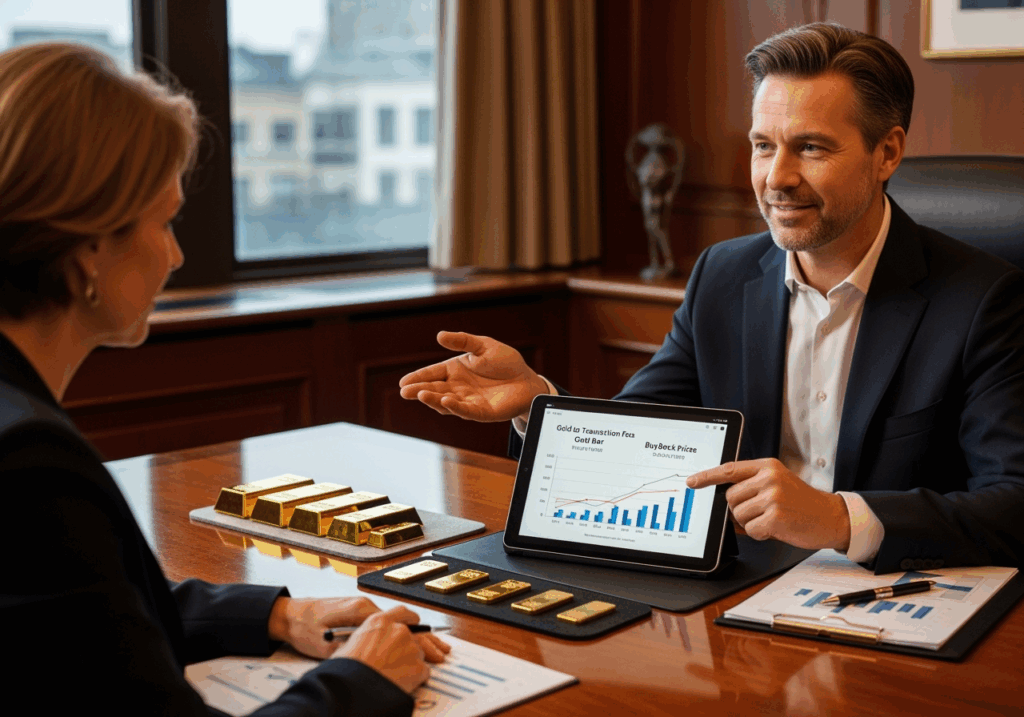 理財顧問向顧客說明金條手續費與回收價格差異，畫面展現專業投資諮詢氛圍