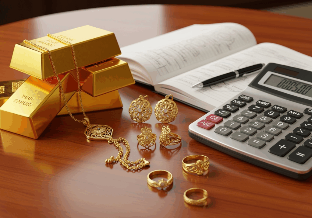 金條與金飾擺放在桌上，旁有計算機與筆記本