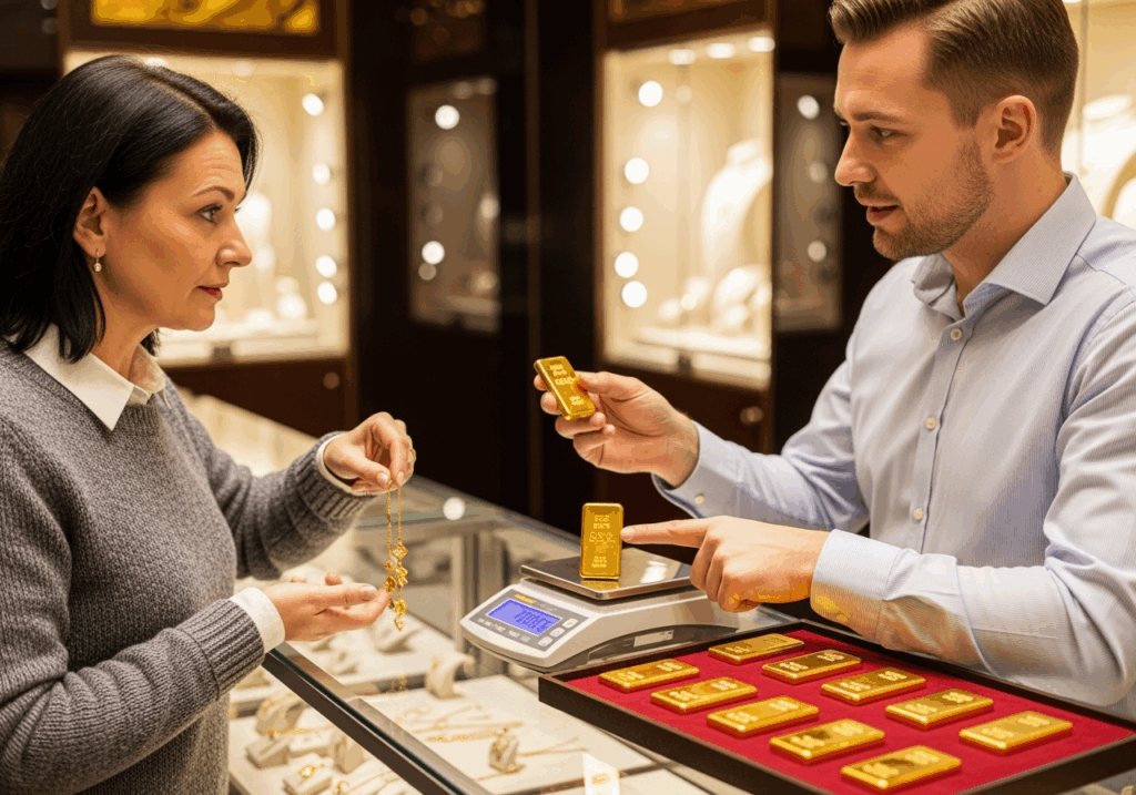 顧客與店員討論金飾換金條報價