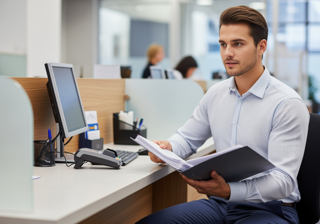 年輕上班族坐在銀行櫃台前，手裡拿著資料夾