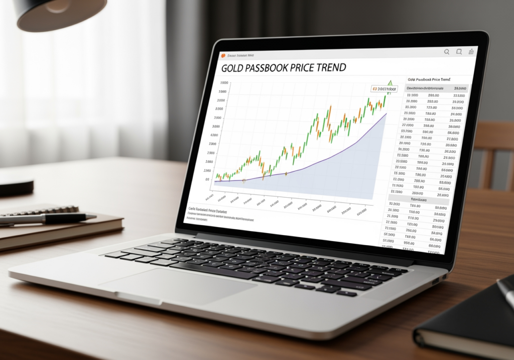 桌面放著筆電，畫面顯示黃金存摺價格走勢圖