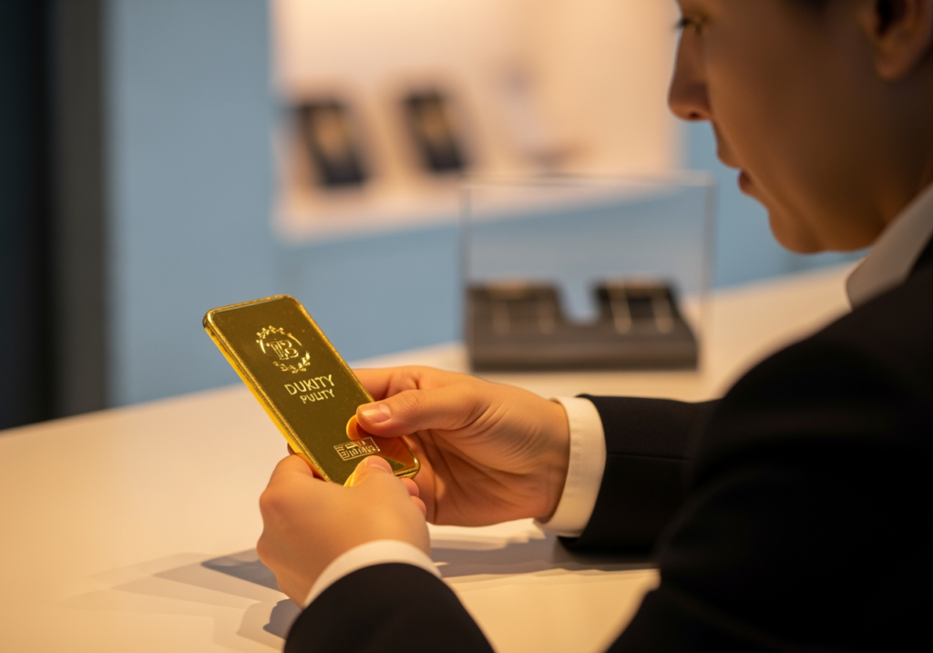 一名消費者在櫃檯前檢查金條