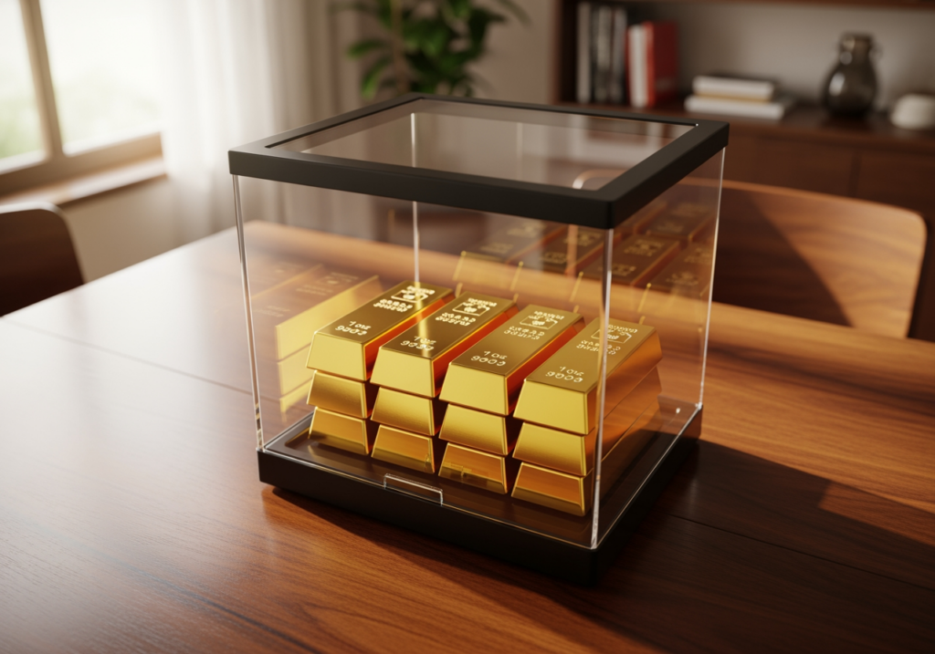 家中桌上放置防潮盒內的金條