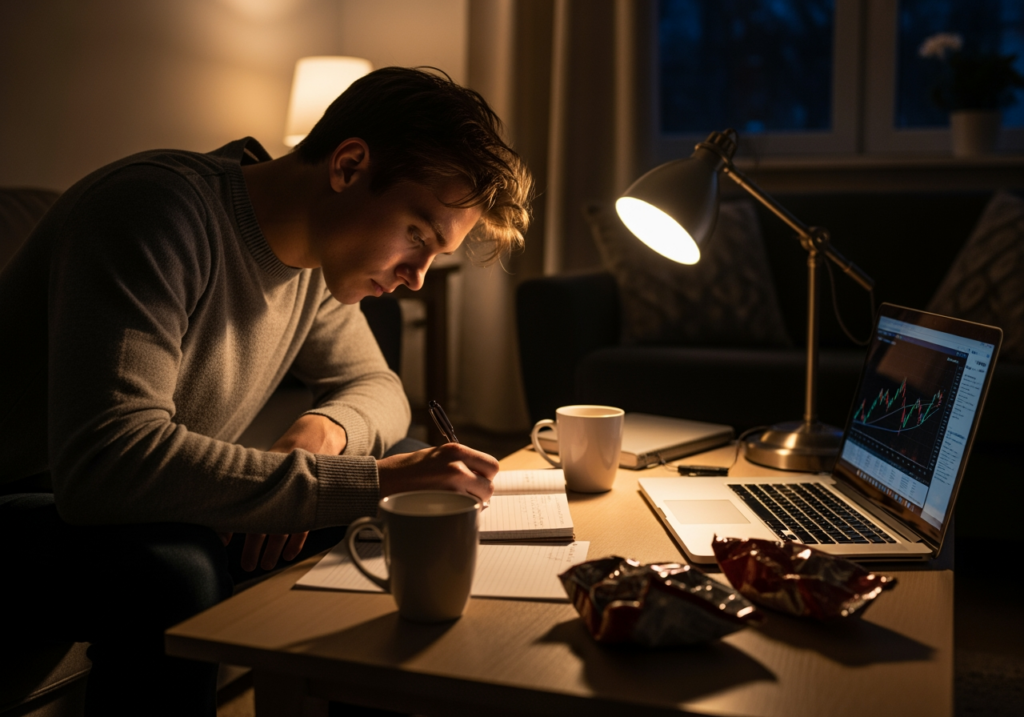 夜晚客廳中，一名投資新手攤開筆記本作筆記