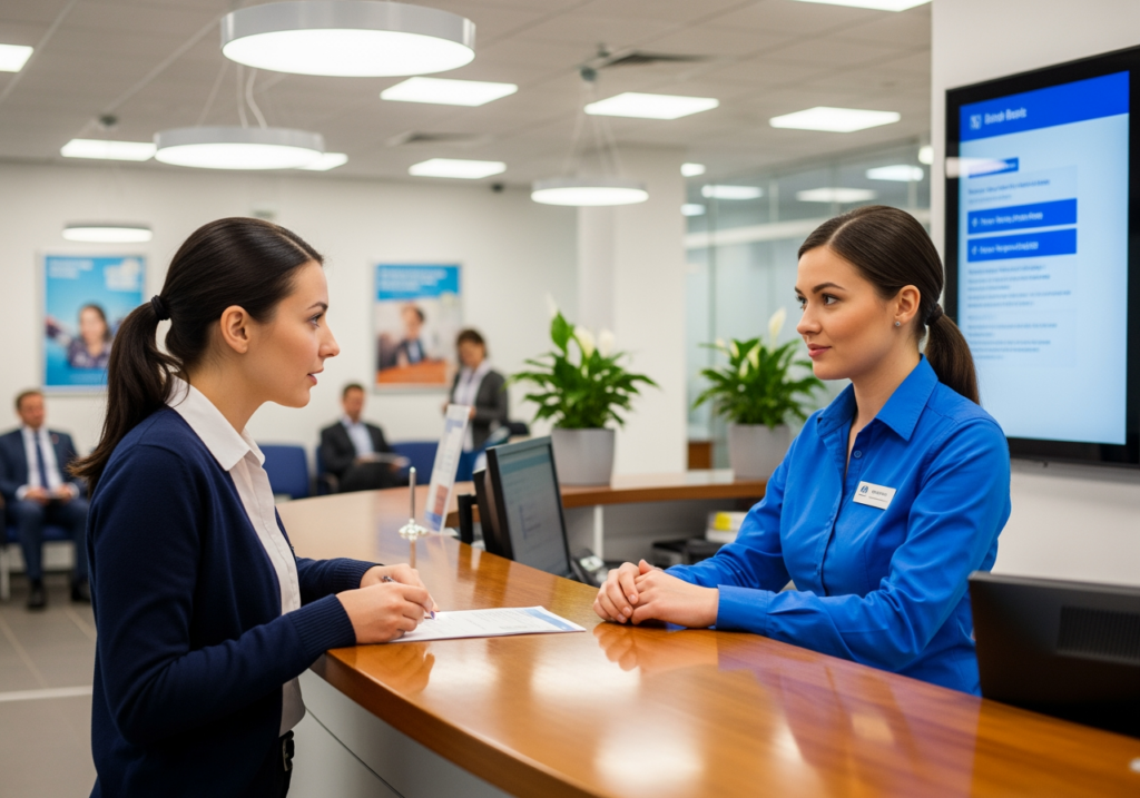 銀行櫃檯前，民眾正在詢問櫃檯人員