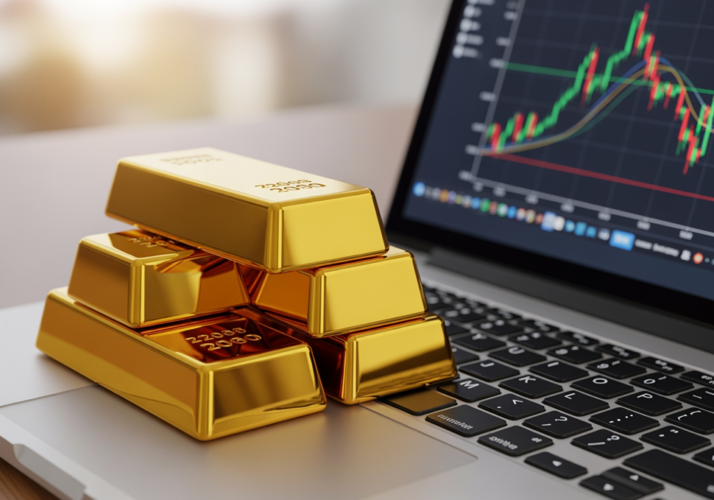 近距離拍攝金條與計算機