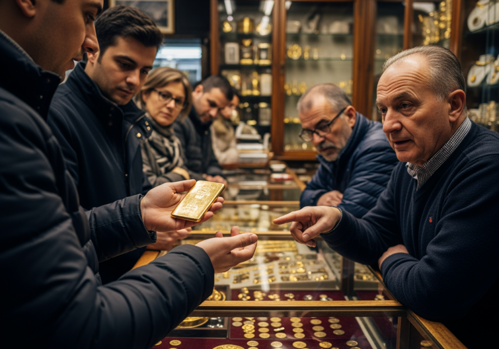 民眾手持金條，與店家討論