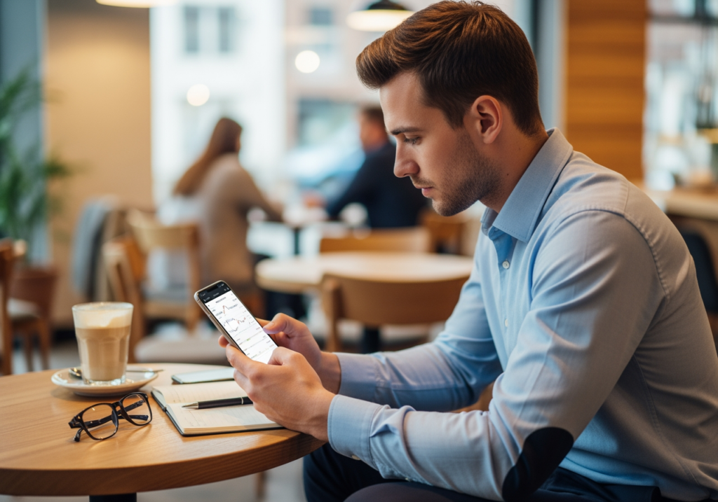 年輕上班族在咖啡廳查看投資 App