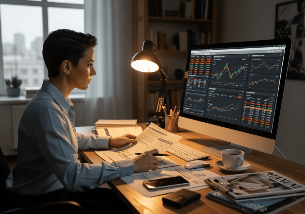 上班族坐在書桌前，查看投資報表