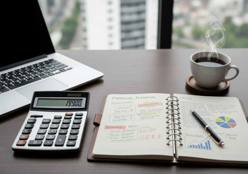 辦公桌上放著計算機與理財筆記