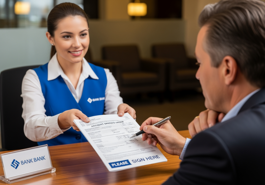 銀行專員遞出表單，示意客戶簽名完成開戶流程