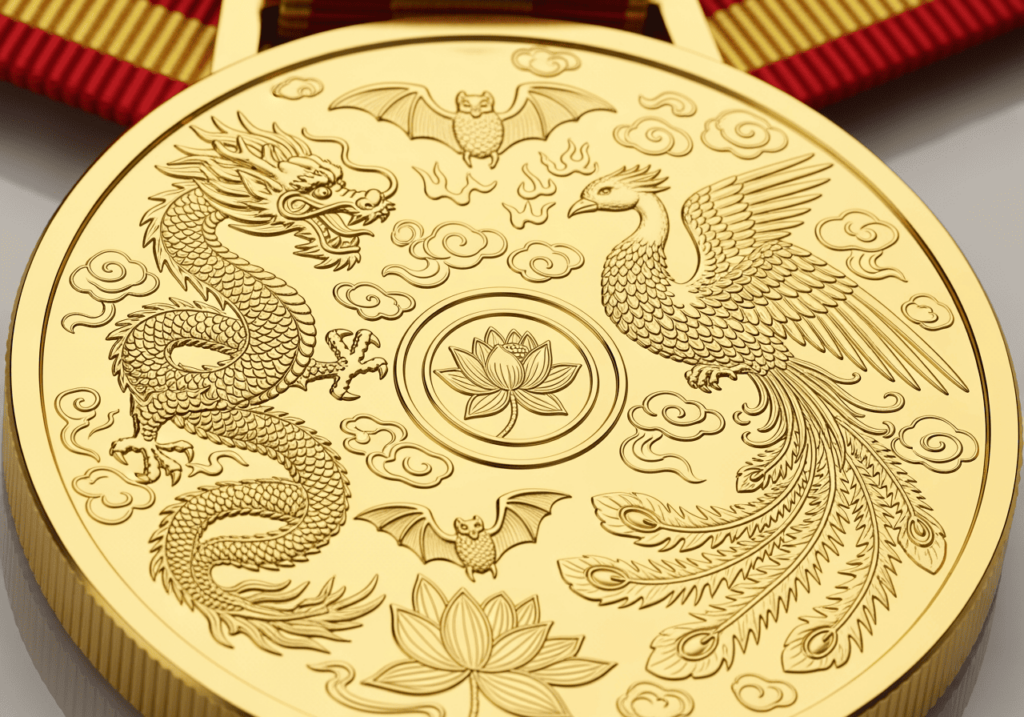 金牌近距離展示，刻有吉祥圖騰