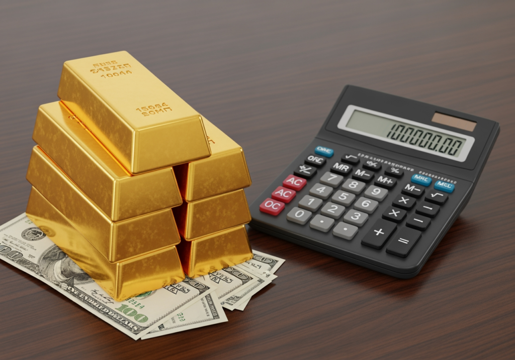 桌面放著金條與計算機