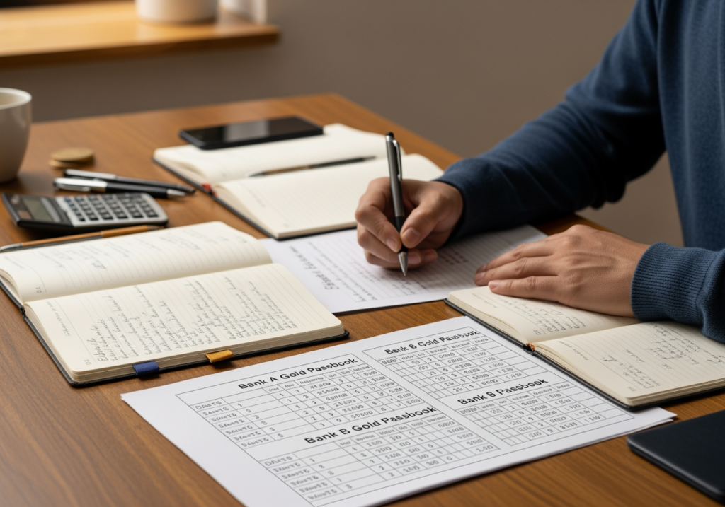 一位民眾坐在桌前，用筆在紙上整理各銀行黃金存摺