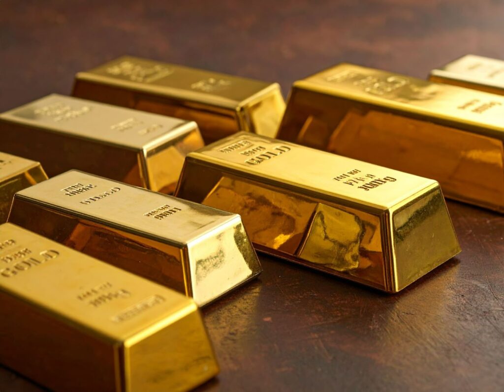 桌面放著不同克數金條