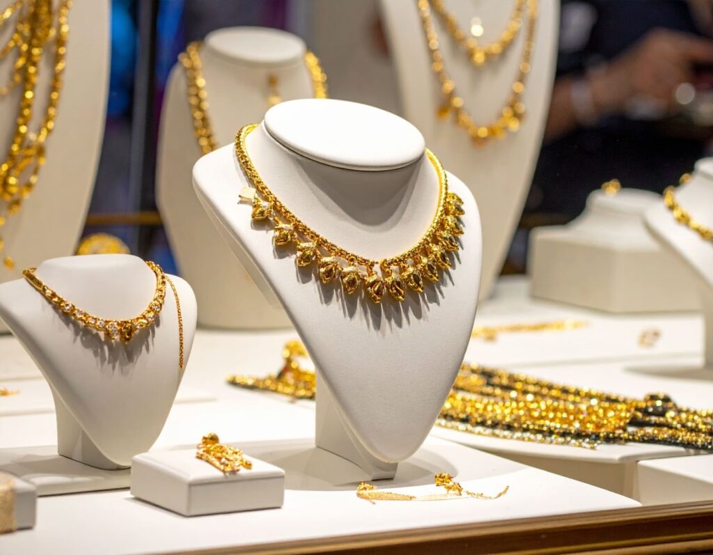 閃閃發光的金飾放在展示台上