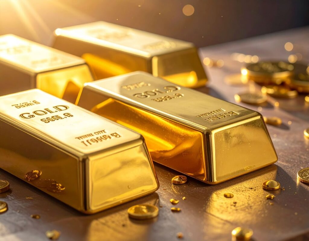 桌面上擺放不同純度標示的金條