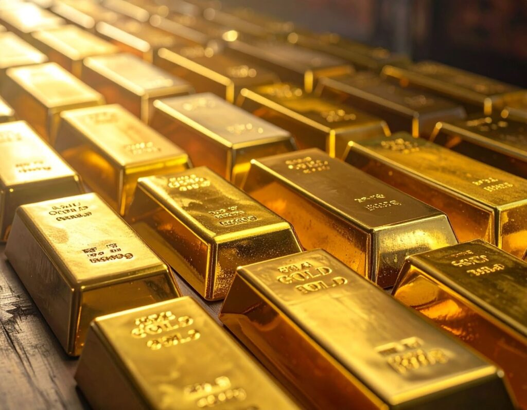 桌上整齊排列不同大小的金條