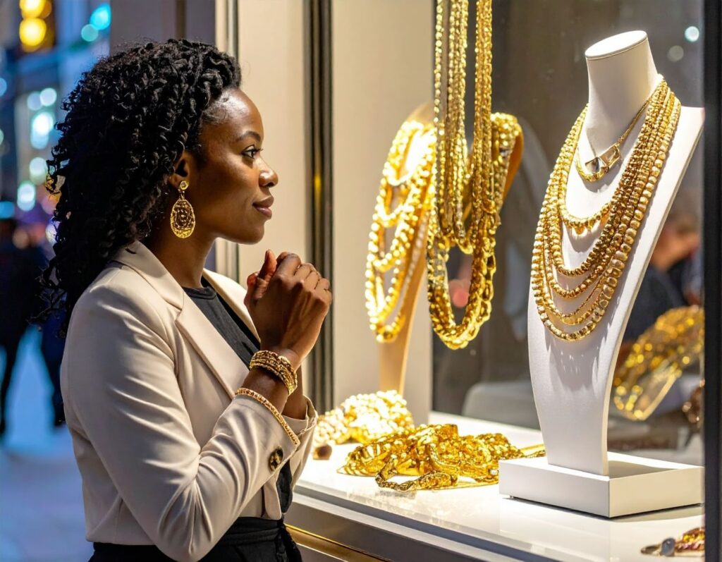女子在銀樓前停下腳步觀看金飾