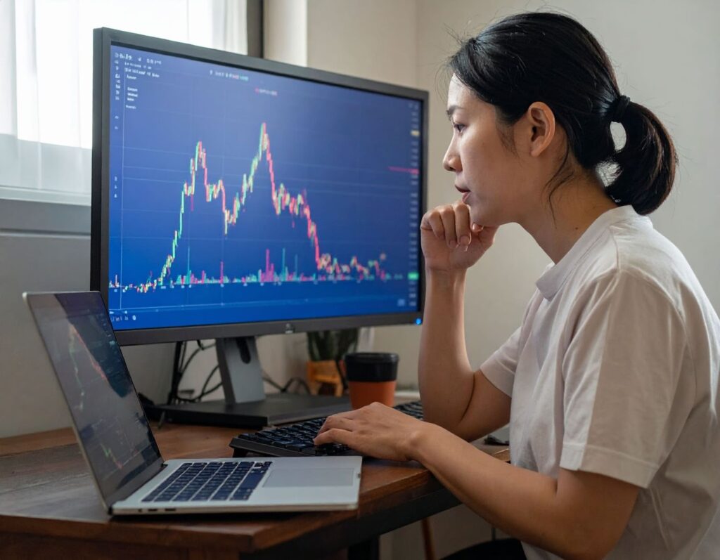 上班族坐在家中書桌前，看著筆電上的金價走勢圖
