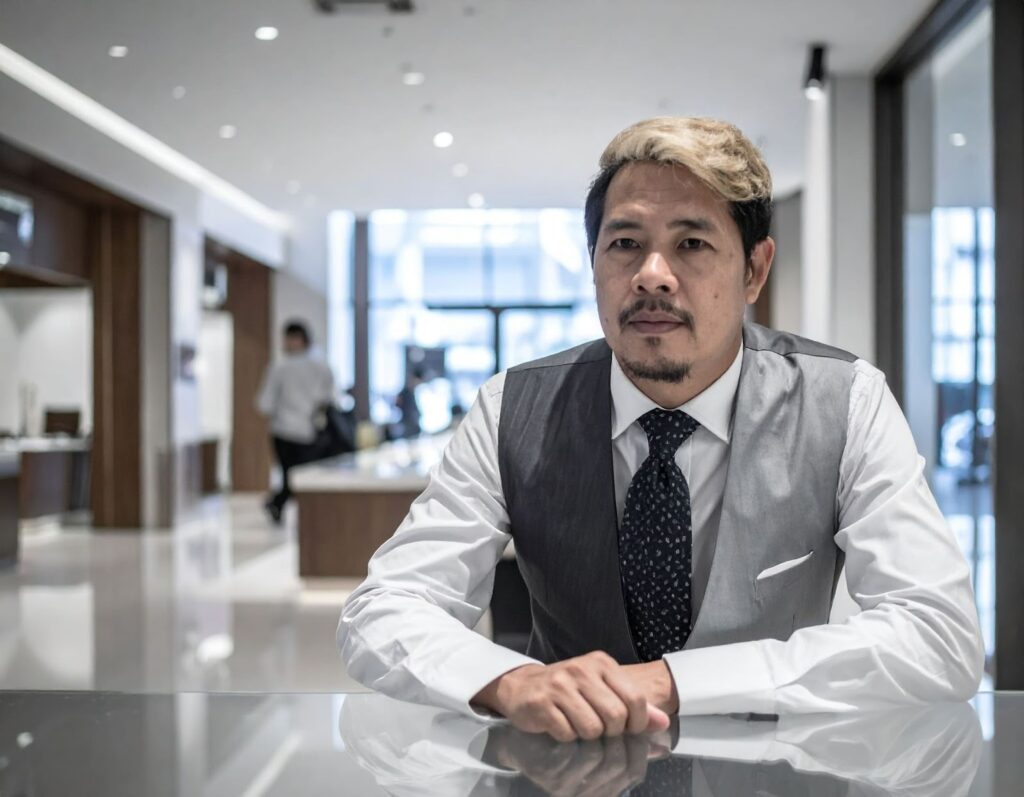 上班族坐在銀行大廳櫃檯前