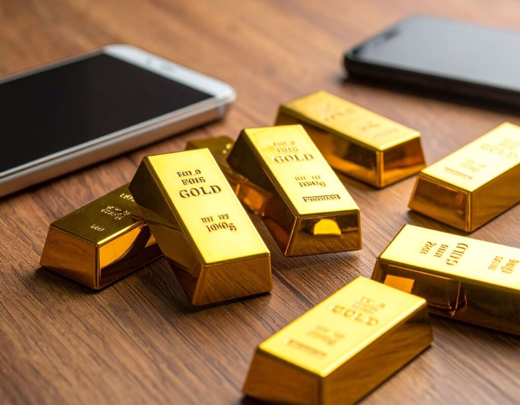 桌面上同時放著實體金條與手機