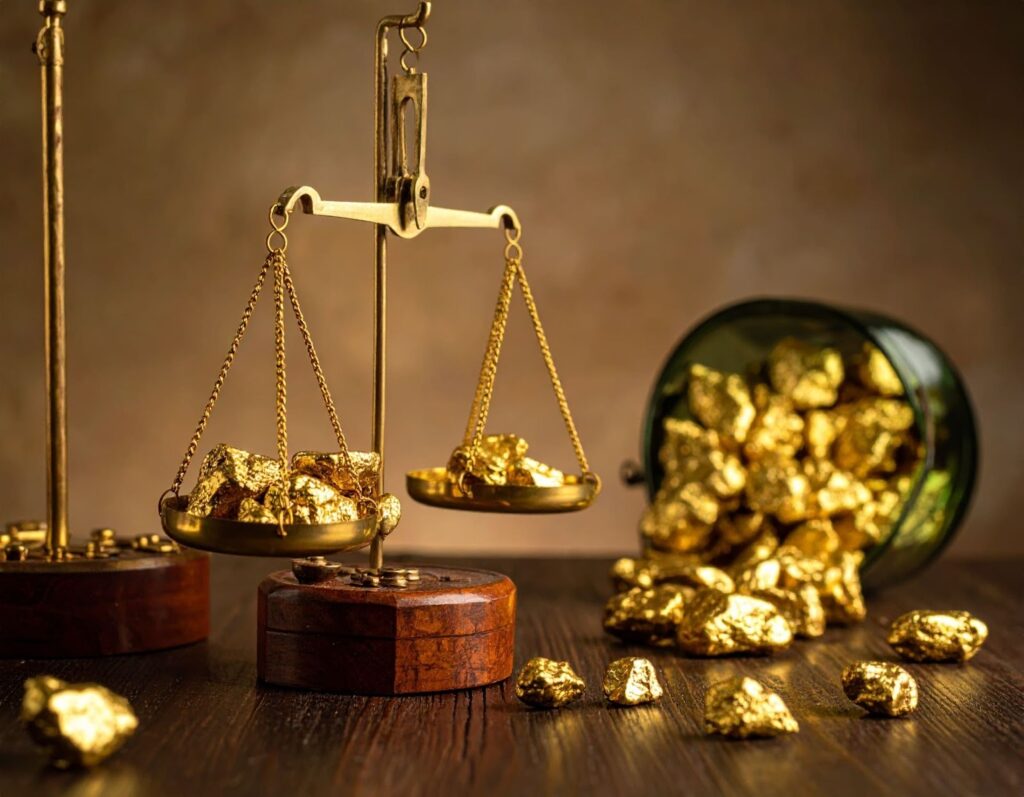 天秤與金塊放在桌上