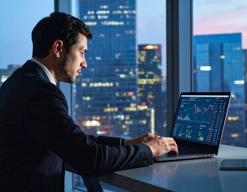 上班族男性坐在書桌前，用筆電查看銀行官網的即時報價頁面