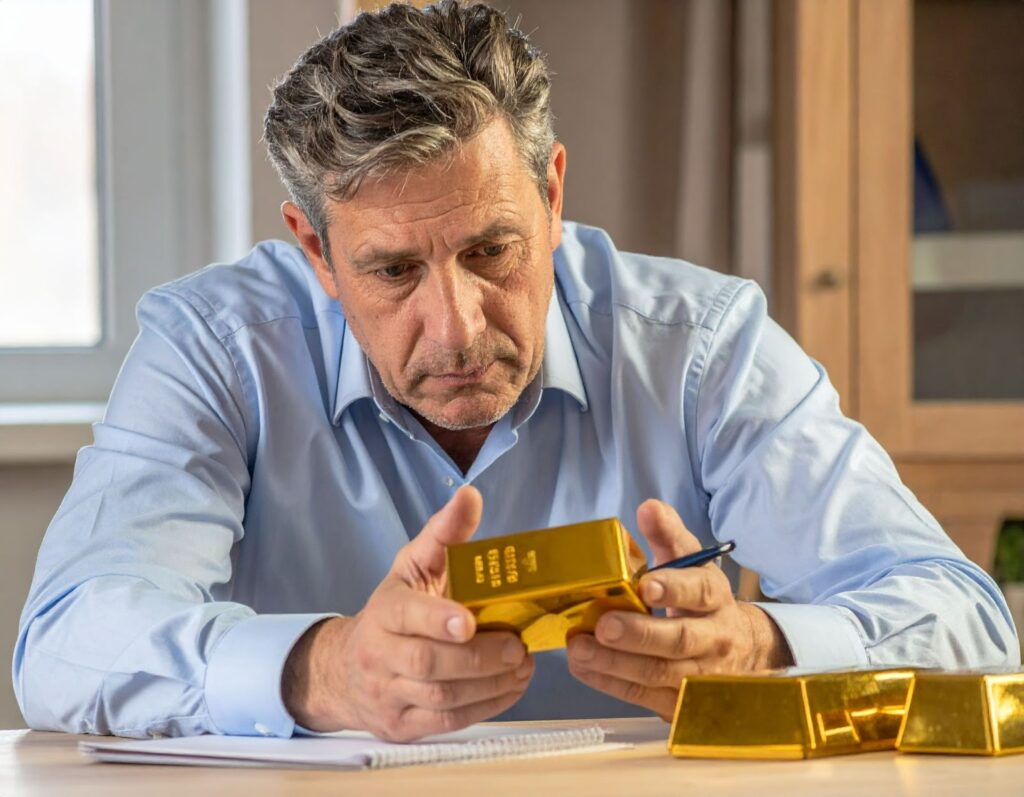 中年男性坐在桌前，手中拿著金條，桌上攤開費用計算筆記